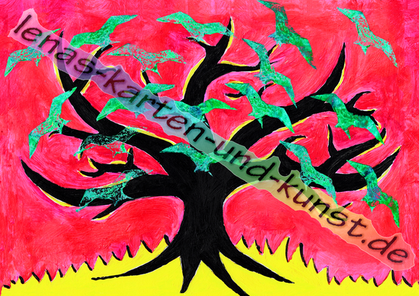 M0013_Kunstkarte_Schwarzer Baum, pinker Hintergrund, grüne Vögel