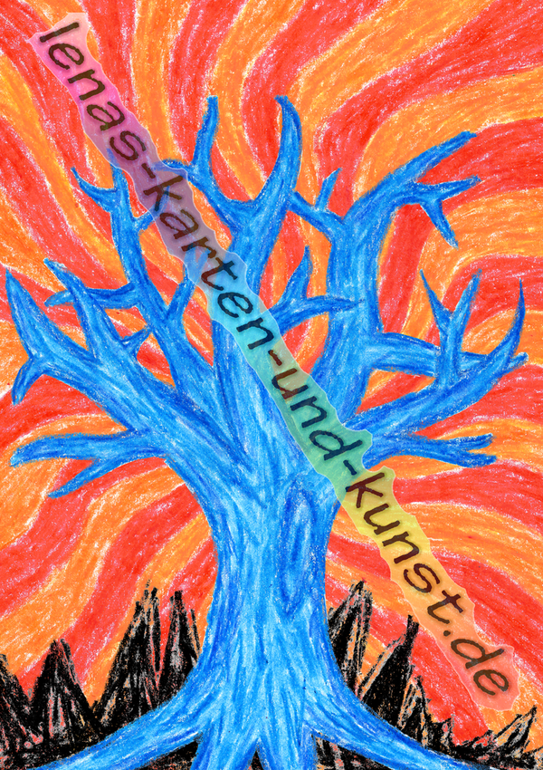 M0018_Freestylekarte_blauer Baum auf orange-rotem Hintergrund