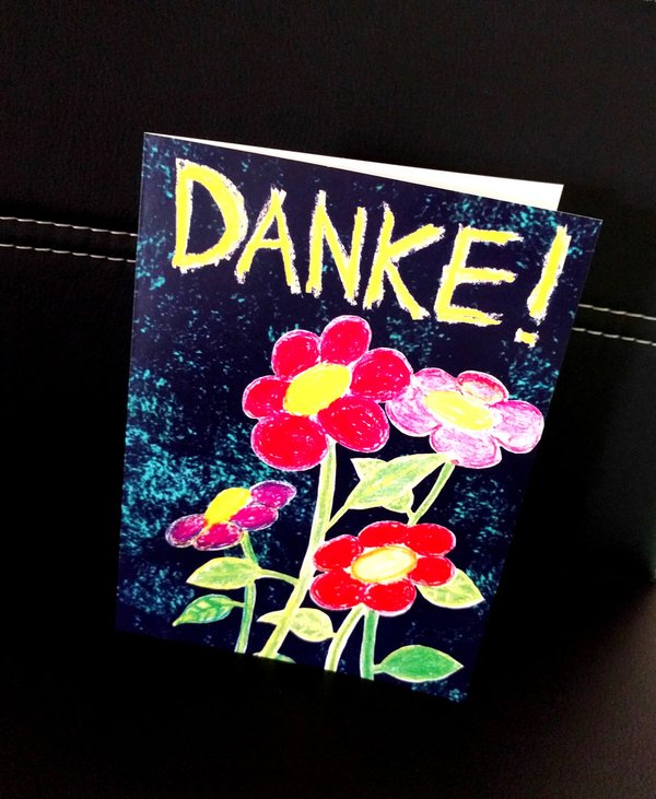 M0009_Dankeskarte_bunte Blumen auf schwarzem Hintergrund mit türkisen Sprenklern