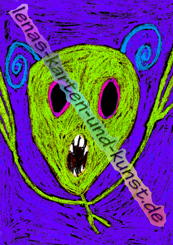D0006_BilderdruckA3_Alien (grün auf dunkelblaulila Hintergrund)