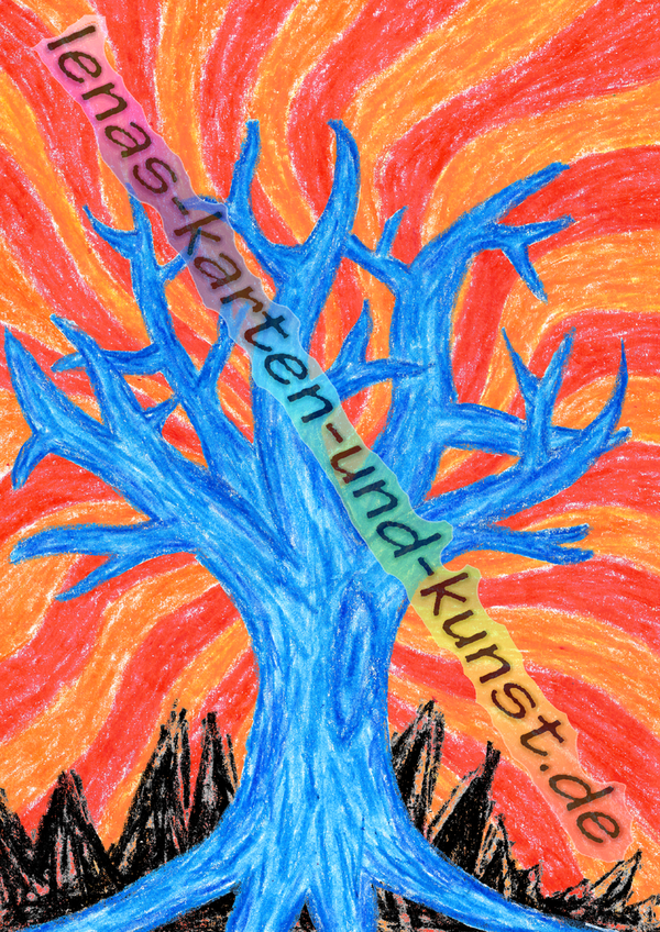 D0018_BilderdruckA3_blauer Baum auf orange-rotem Hintergrund